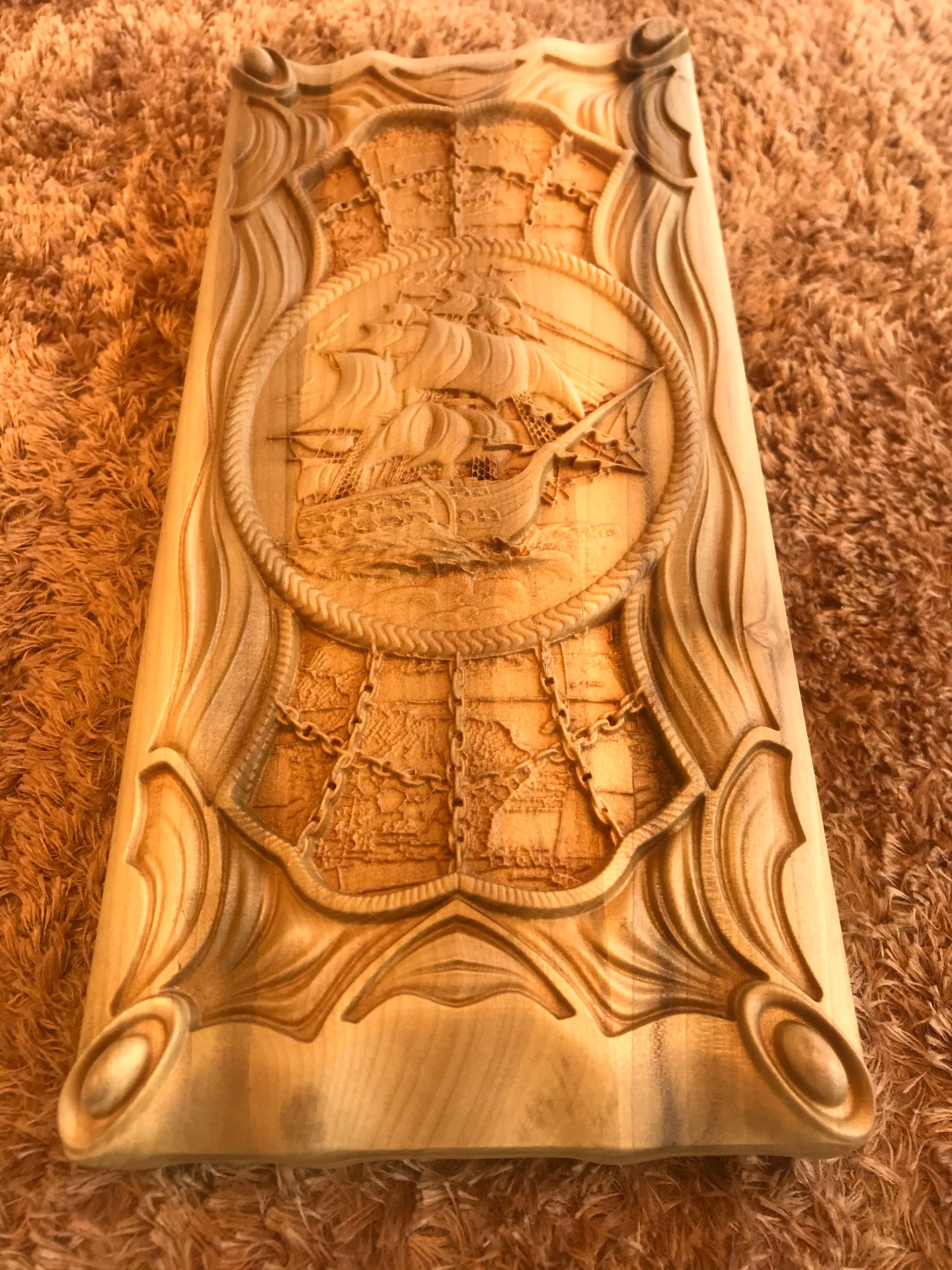 Close-up of flowing wooden 3D carving